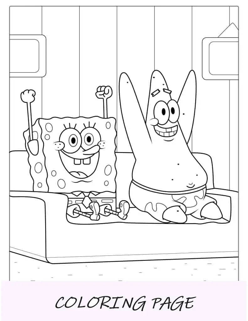 Página para colorir de Bob Esponja e Patrik comemorando