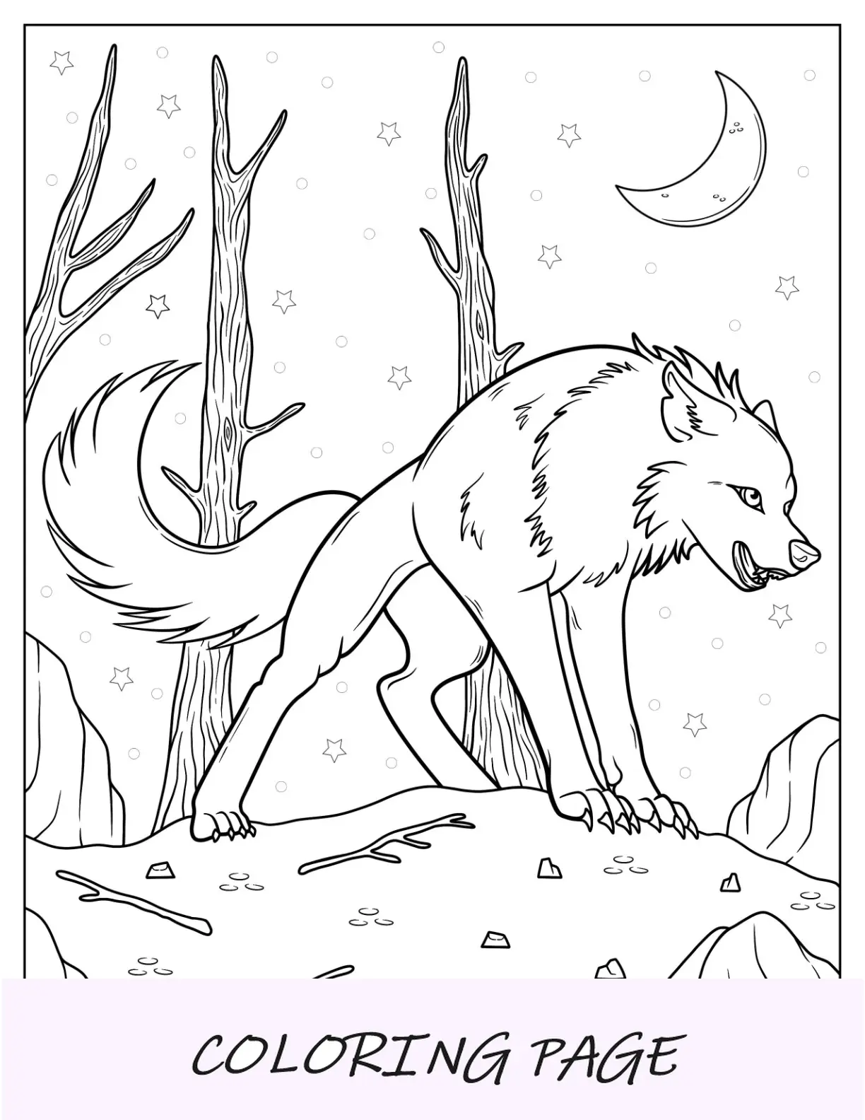 Großer gruseliger Wolf zum Ausmalen in der Nacht für Kinder