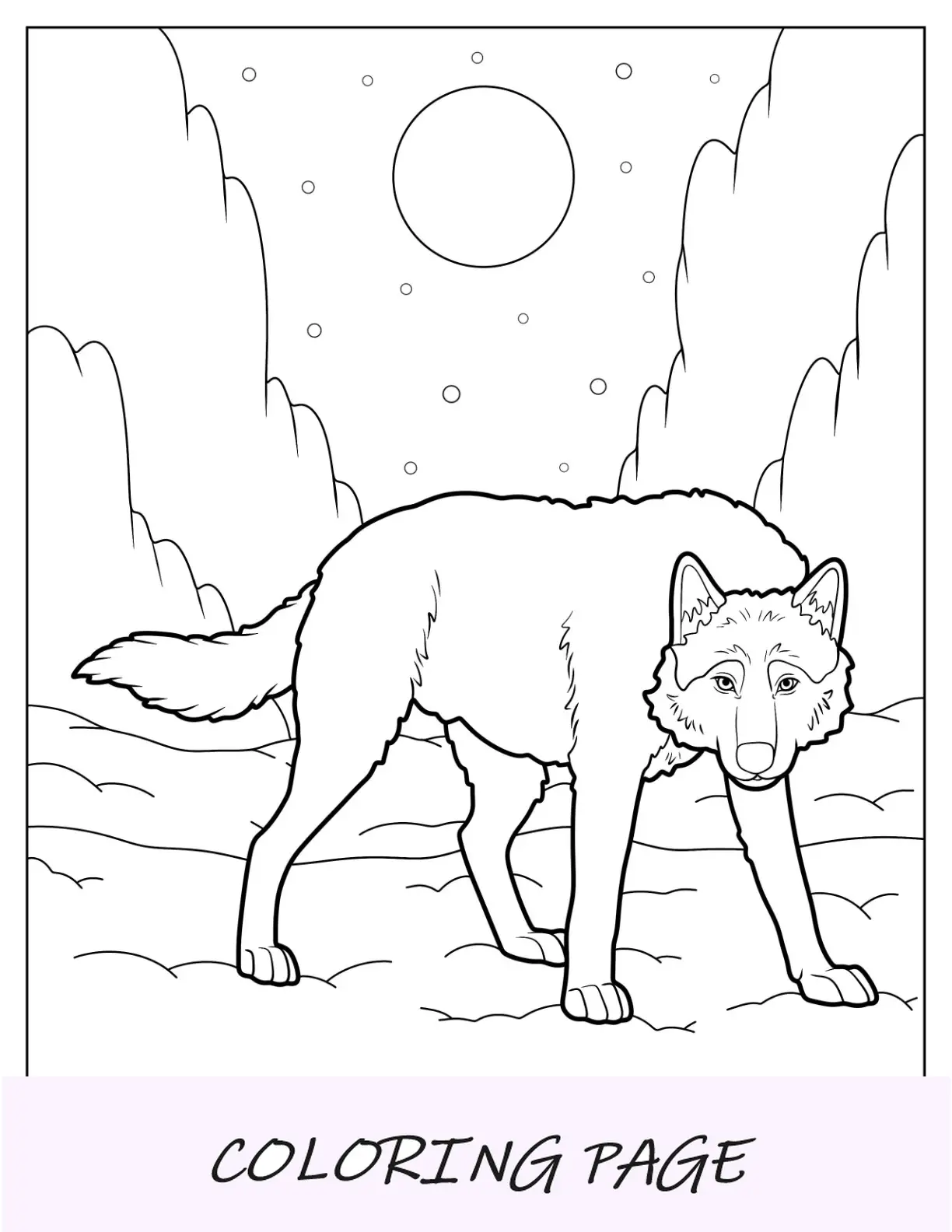 Einfache Wolf-Malseite-Umriss bei Vollmond für Kinder