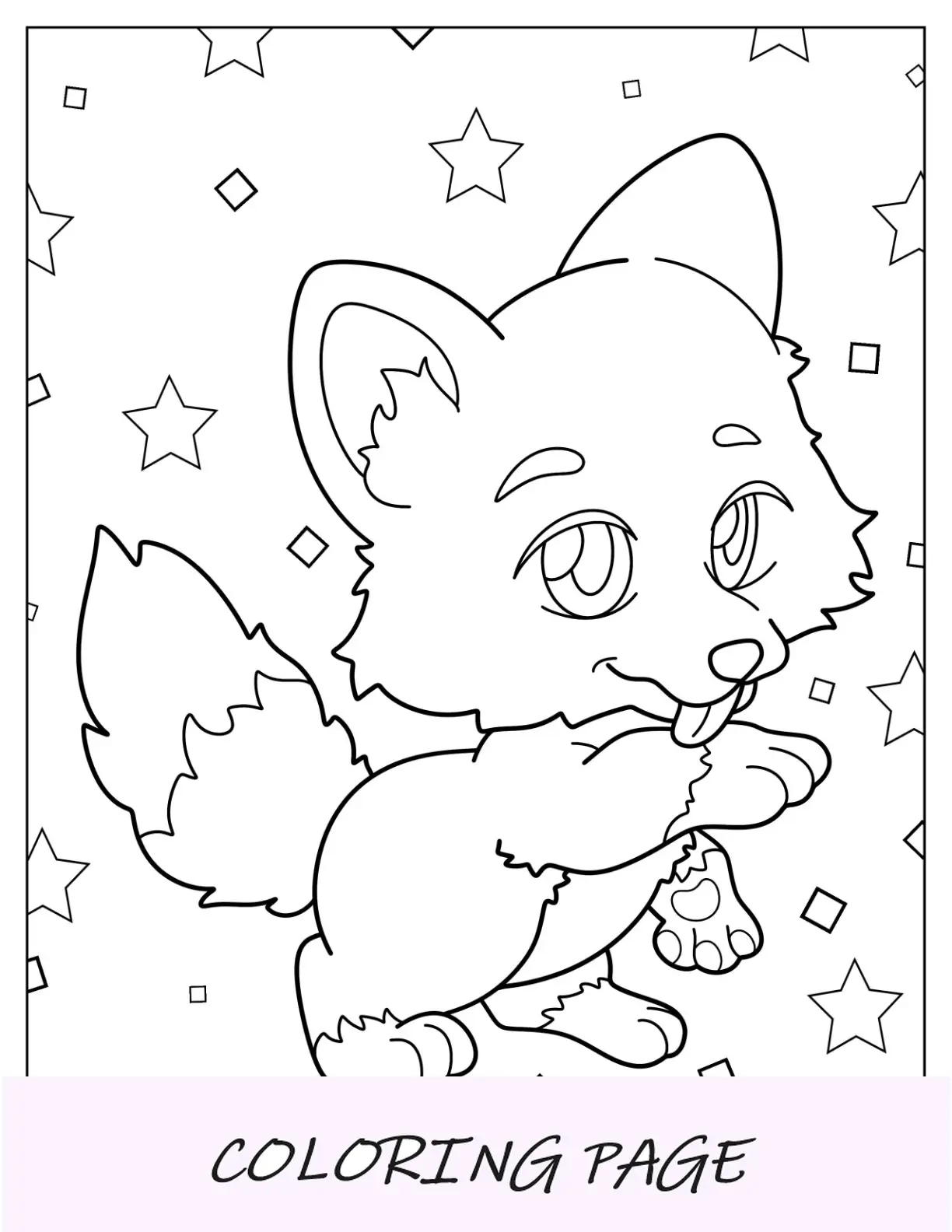 Kawaii-Wolf-Malseite, die Pfote leckt, für Kinder im Vorschulalter