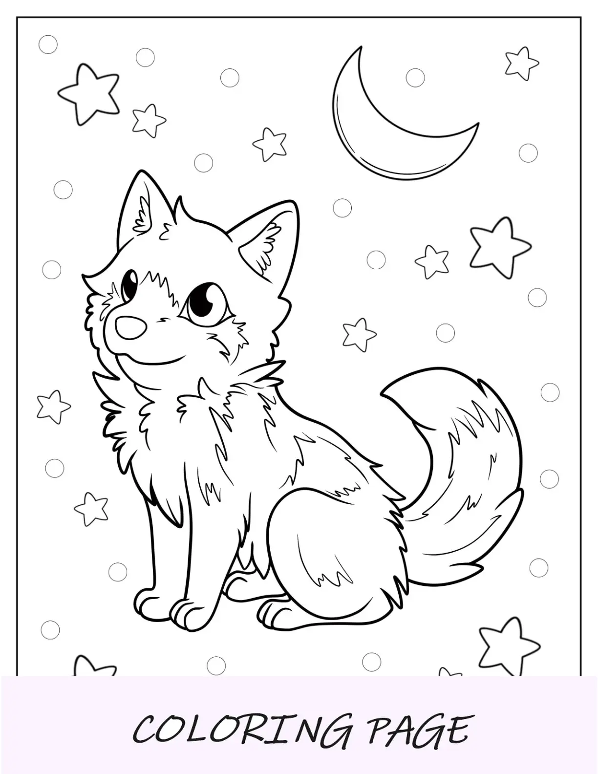 Niedliche Cartoon-Wolf-Malseite unter Halbmond für Kinder