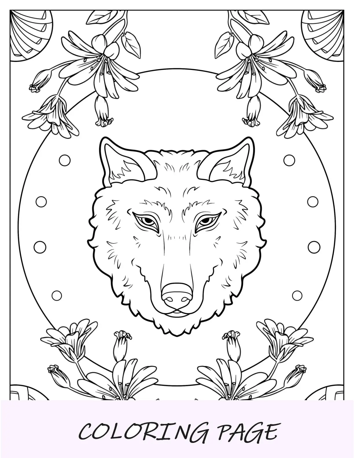 Einfache Wolf-Malseite mit Umrissen und Blumen