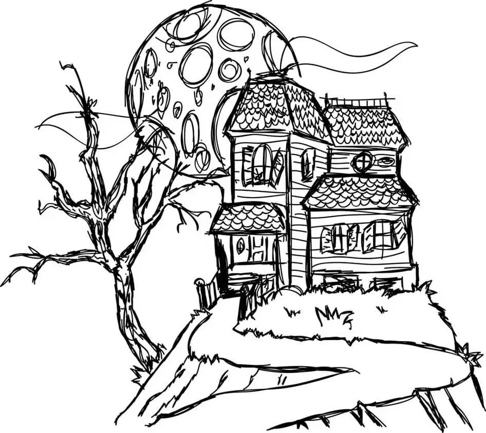Haunted House Sketch To Color