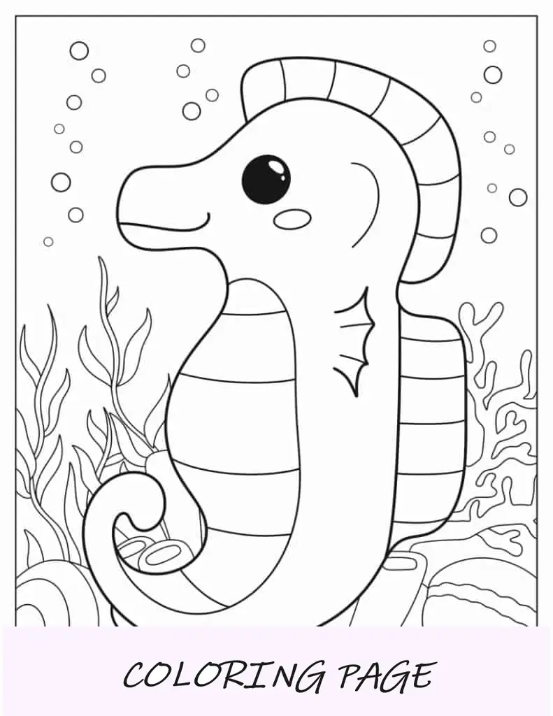 Página para colorir de cavalo marinho Kawaii