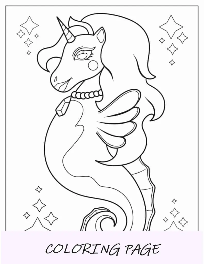 Página para colorir de um cavalo marinho unicórnio