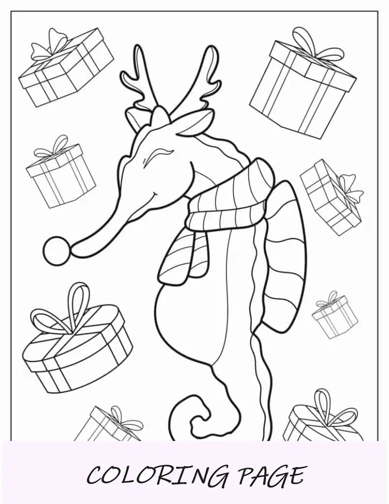 Cavalo-marinho com tema de Natal para colorir