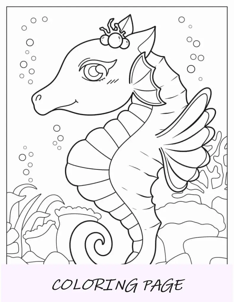 Cavalo-marinho de desenho animado cercado por coral