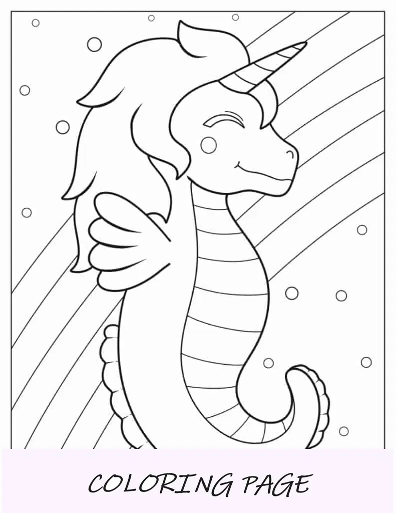 Adorável cavalo marinho unicórnio para colorir
