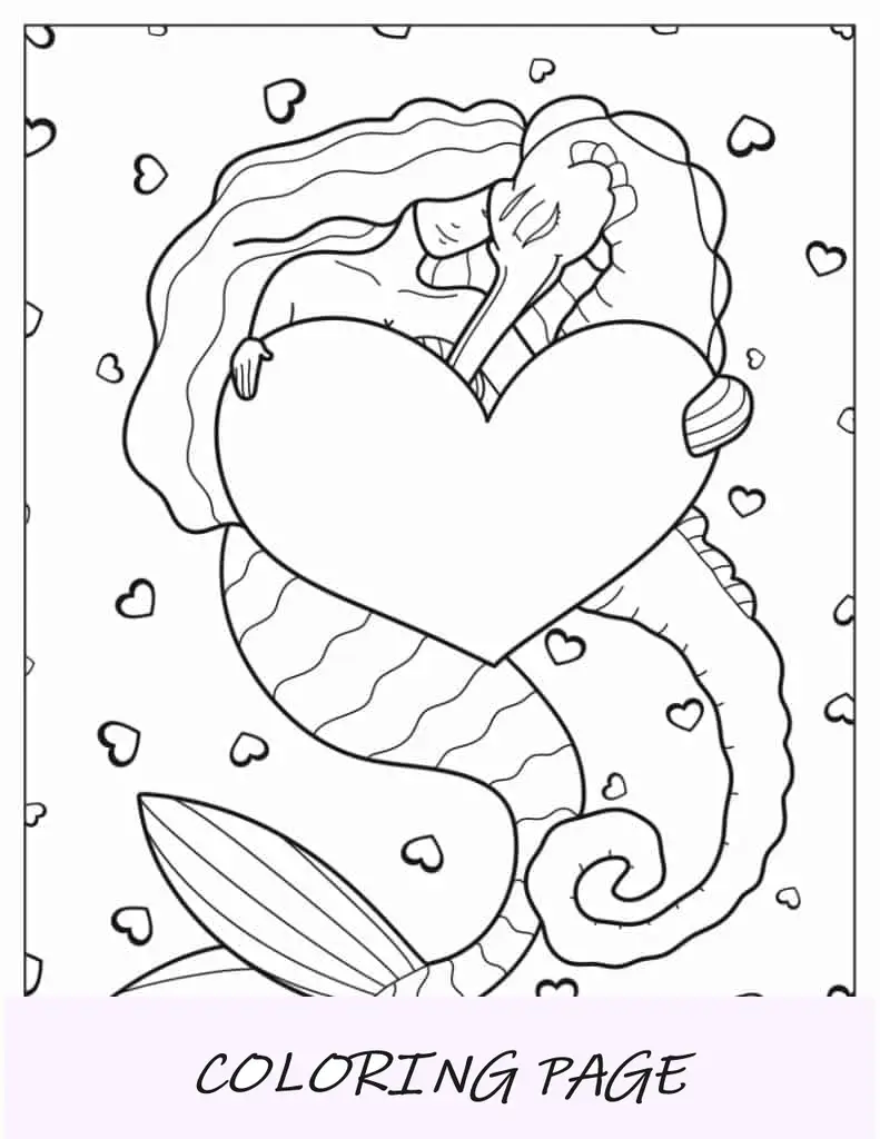 Cavalo marinho e sereia com amor, coração para colorir