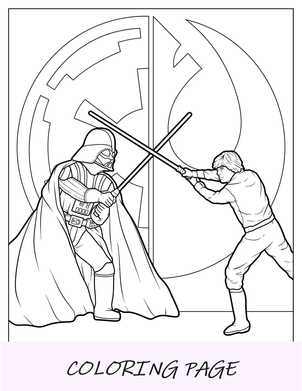 Dibujo para colorear de Darth Vader, lucha con sables de luz con Luke Skywalker