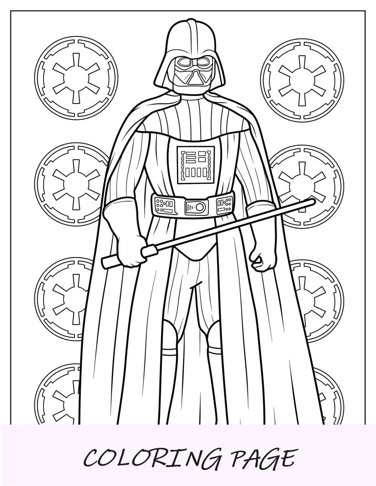 Página para colorear simple de Darth Vader sosteniendo un sable de luz