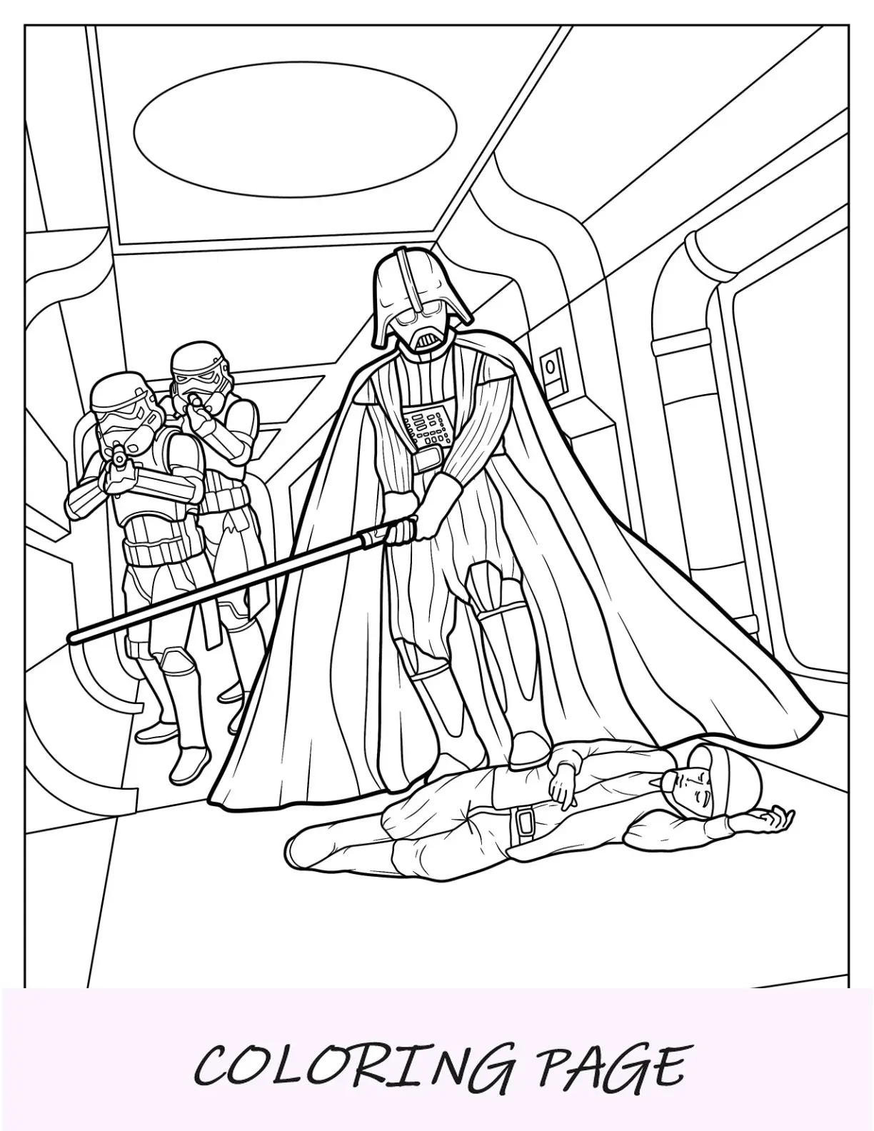 Dibujo para colorear de Darth Vader invadiendo Starcruiser con Stormtroopers