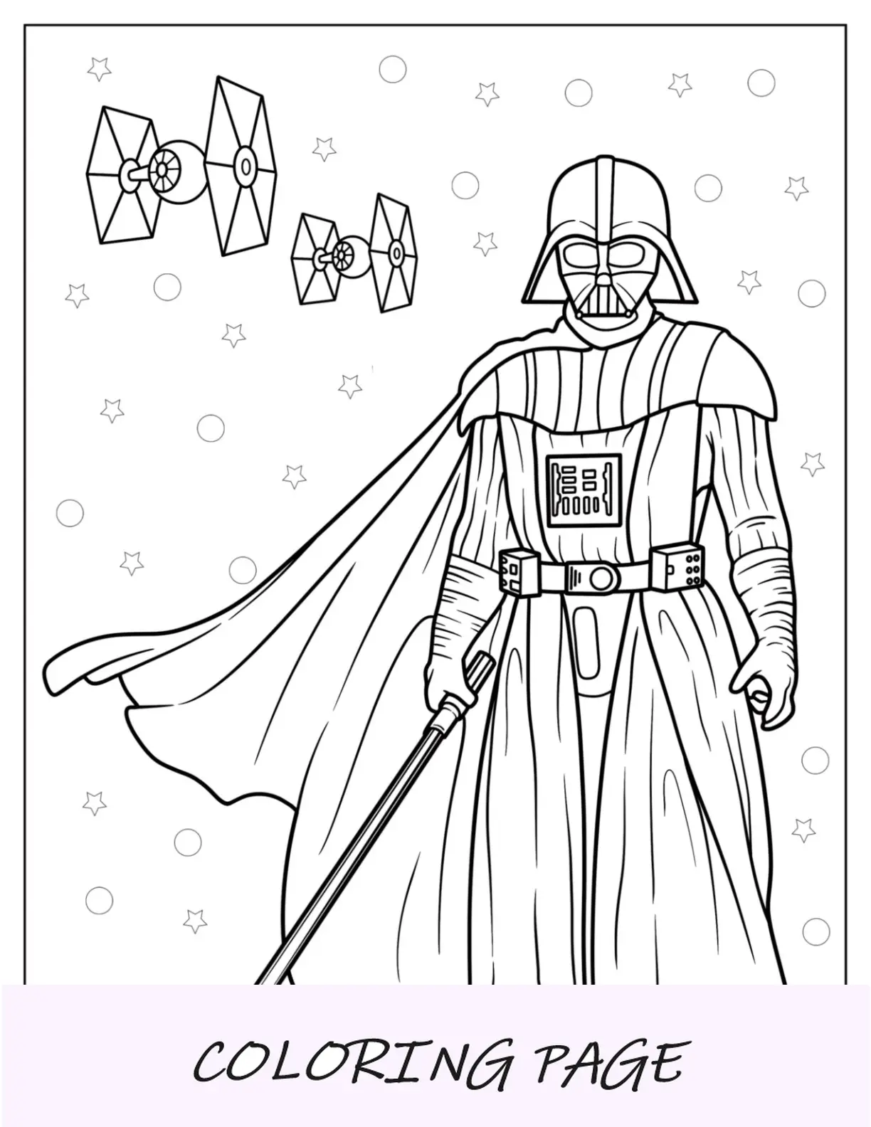 Página para colorear de Darth Vader delante de los cazas TIE