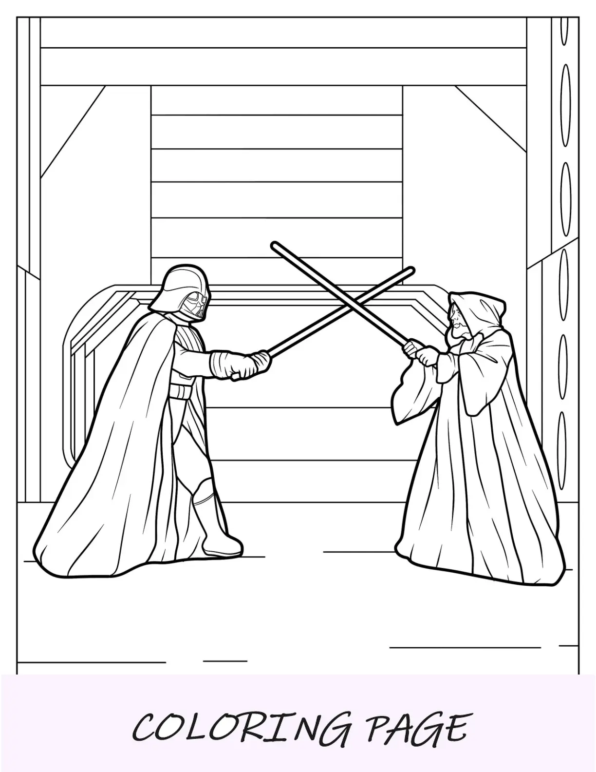 Dibujo para colorear de Darth Vader luchando contra Obi Wan Kenobi en Starcruiser