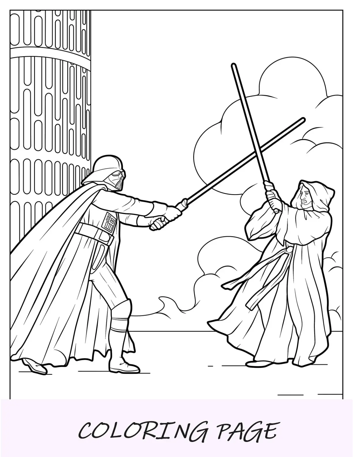 Dibujo para colorear de Darth Vader luchando contra Obi Wan Kenobi