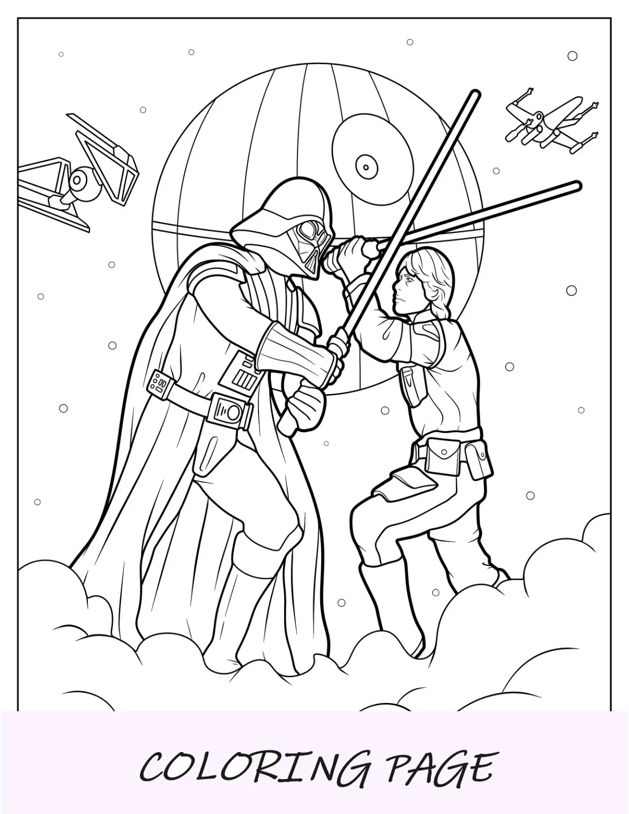 Dibujo para colorear de Darth Vader luchando contra Luke Skywalker frente a la estrella de la muerte