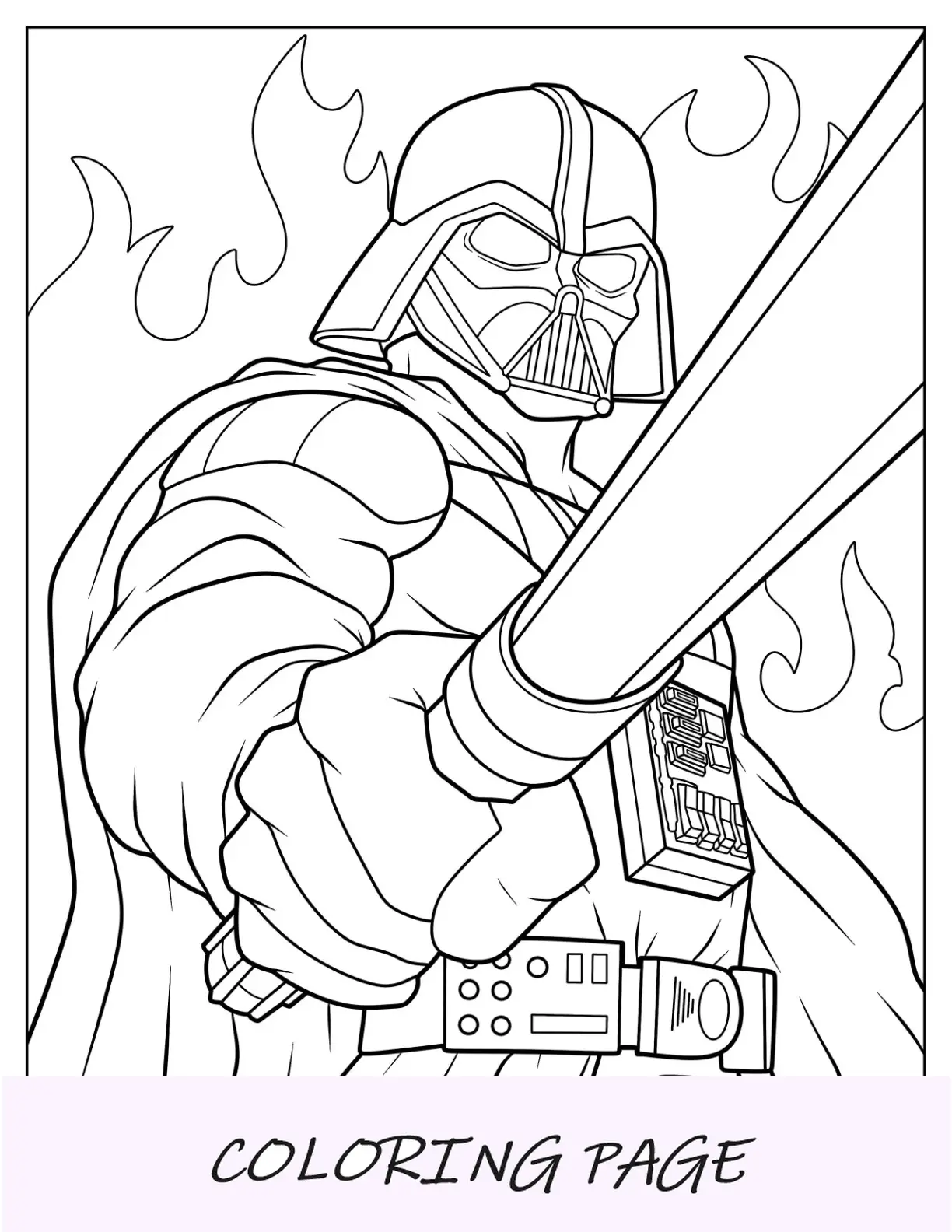 Primer plano de la página para colorear de Darth Vader con sable de luz