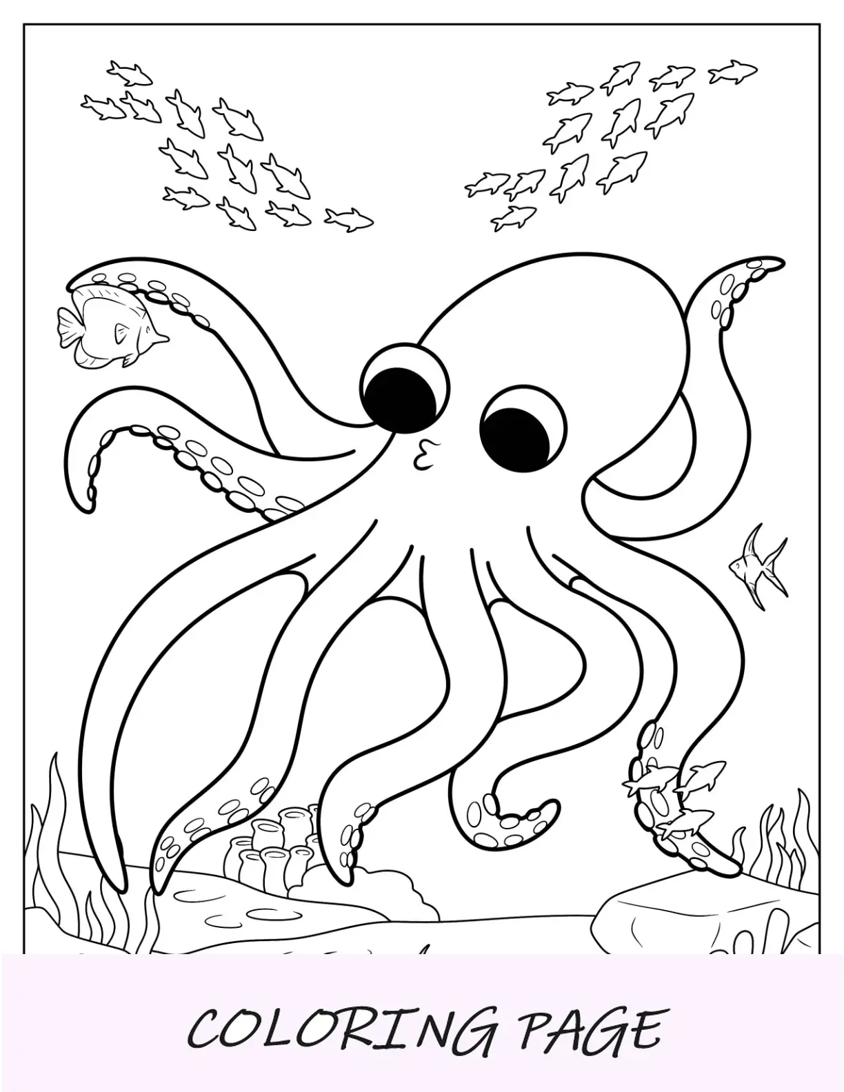 Kawaii-Kraken-Malseite, die mit Fisch schwimmt