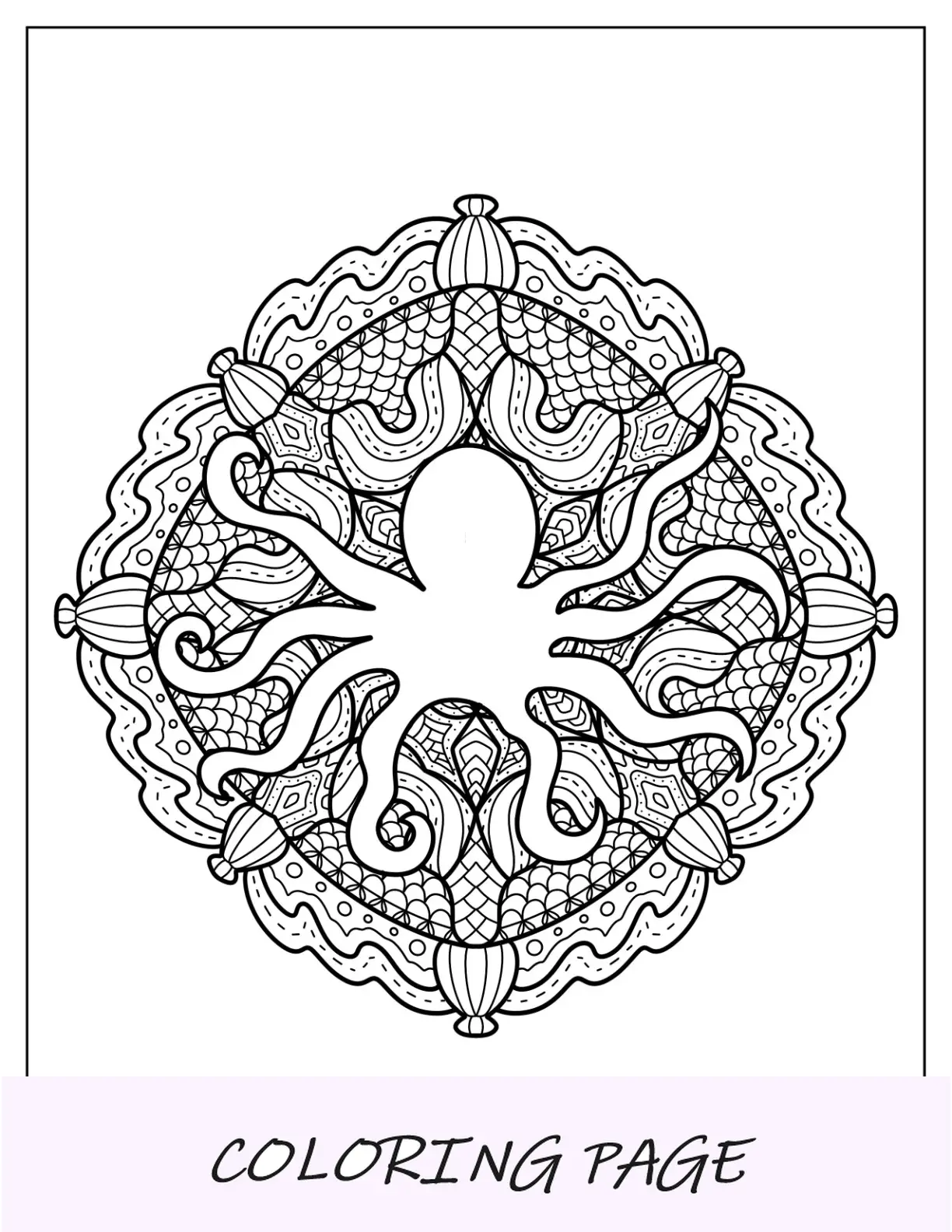 Kompliziertes nautisches Mandala mit Oktopus-Malseite in der Mitte