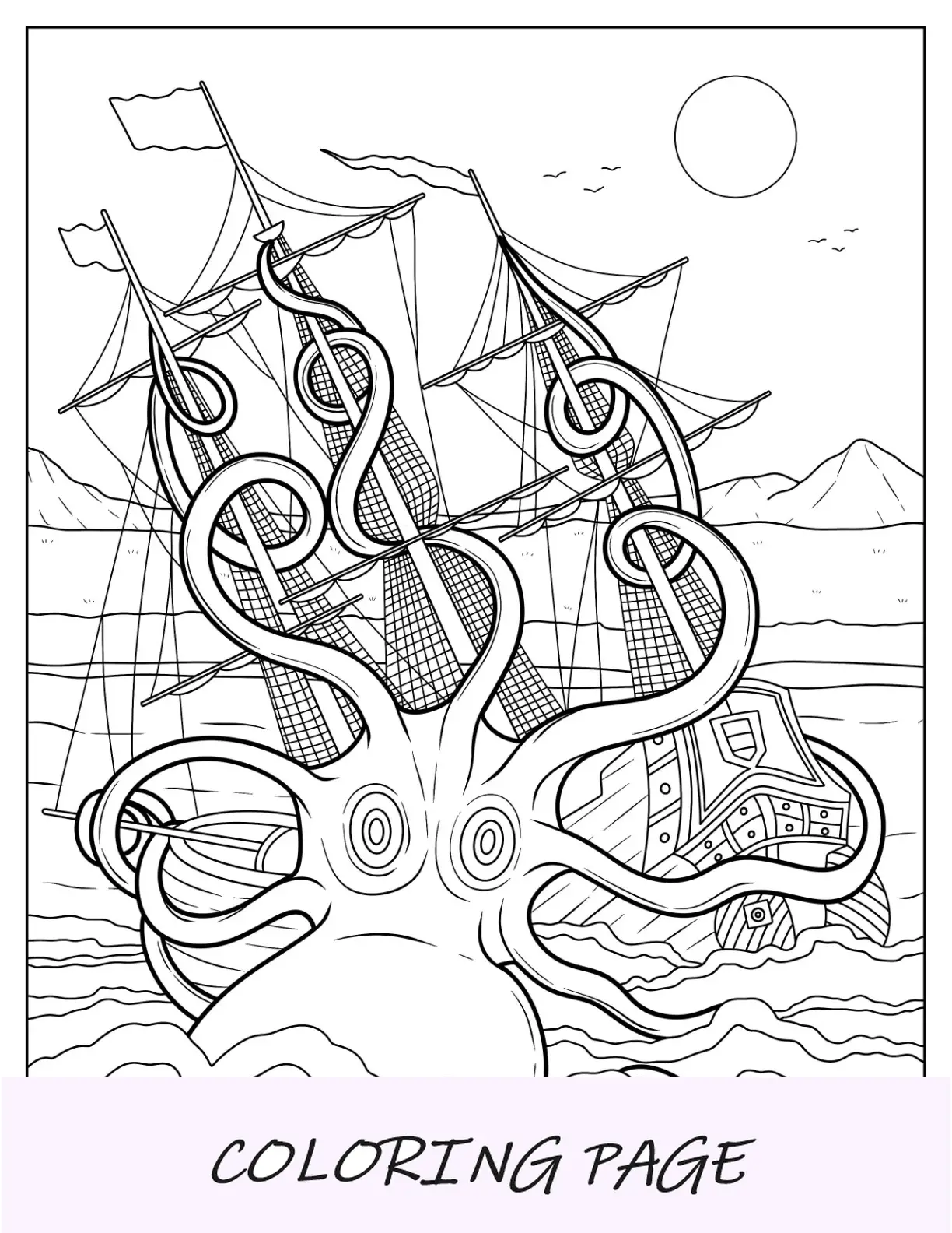 Ausmalbild: Riesiger Kraken-Oktopus, der ein Schiff einfängt