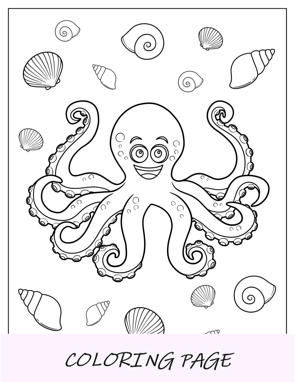 Grinsende Cartoon-Oktopus-Malseite im Meer mit Muscheln