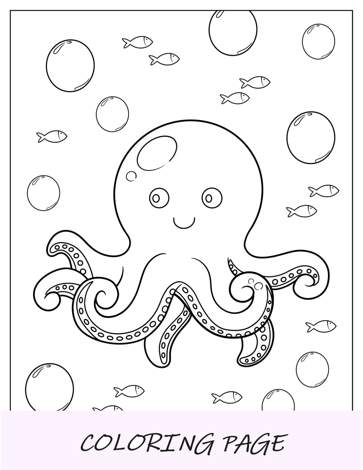 Ausmalbild: Chibi-Oktopus, der mit Fisch schwimmt