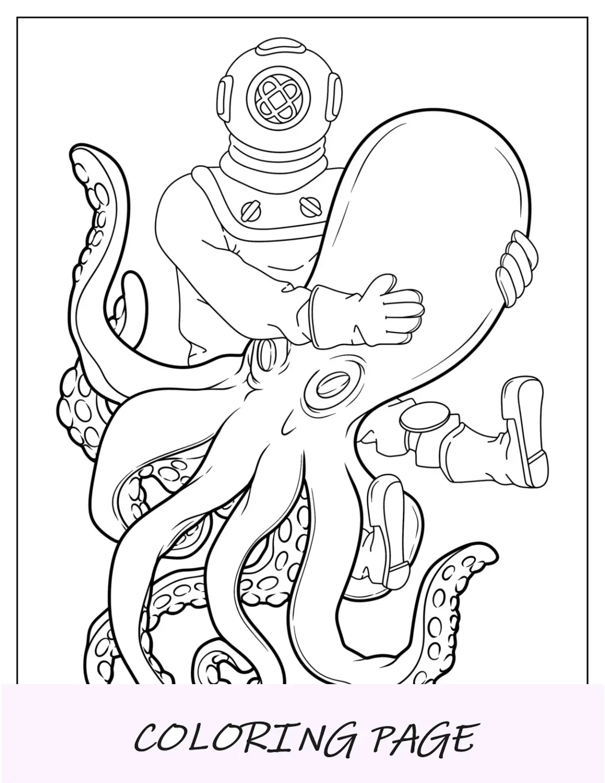 Vintage-Taucher mit Oktopus zum Ausmalen