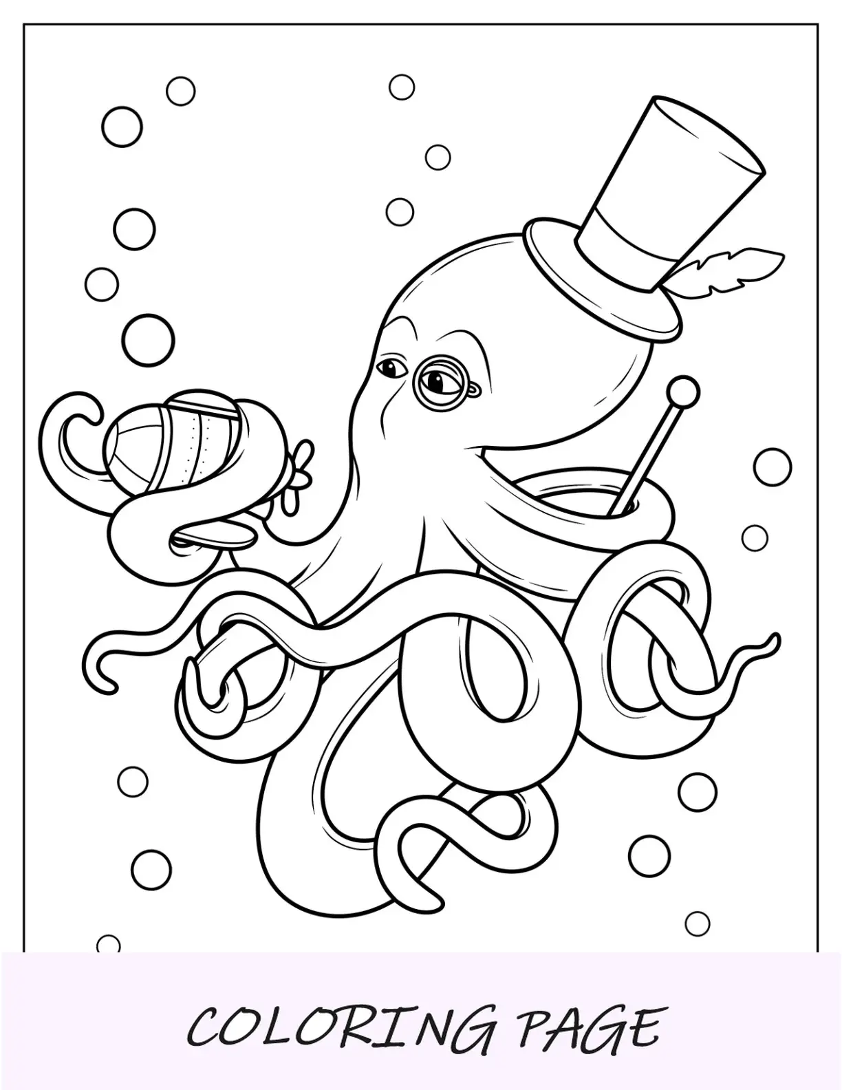 Oktopus-Malseite mit Monokel und Zylinder