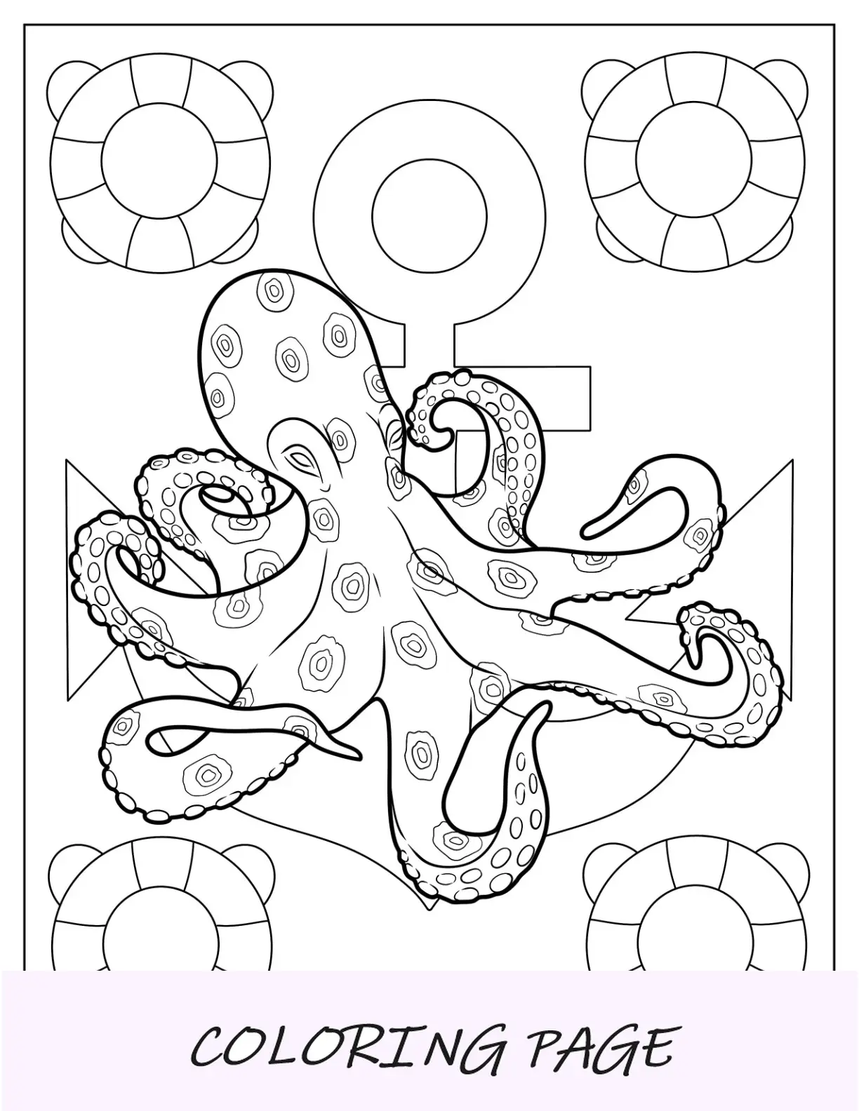 Blauer Ring-Oktopus-Malseite mit detaillierten Tentakeln im nautischen Hintergrund