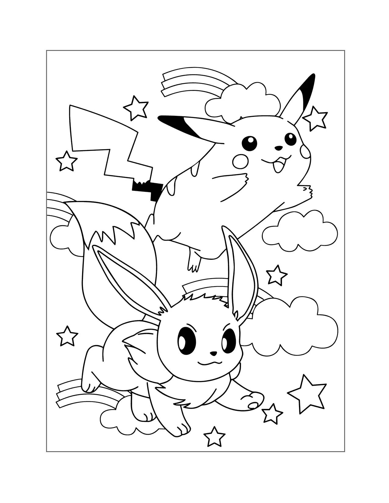 Pikachu And Eevee In The Clouds Coloring Page
