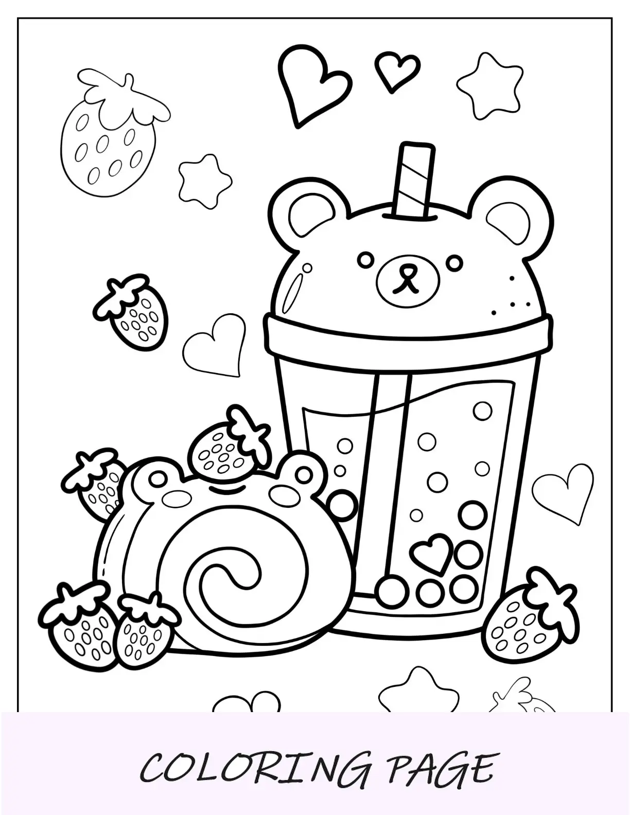 Página para colorir de chá Kawaii Boba com rolo de bolo