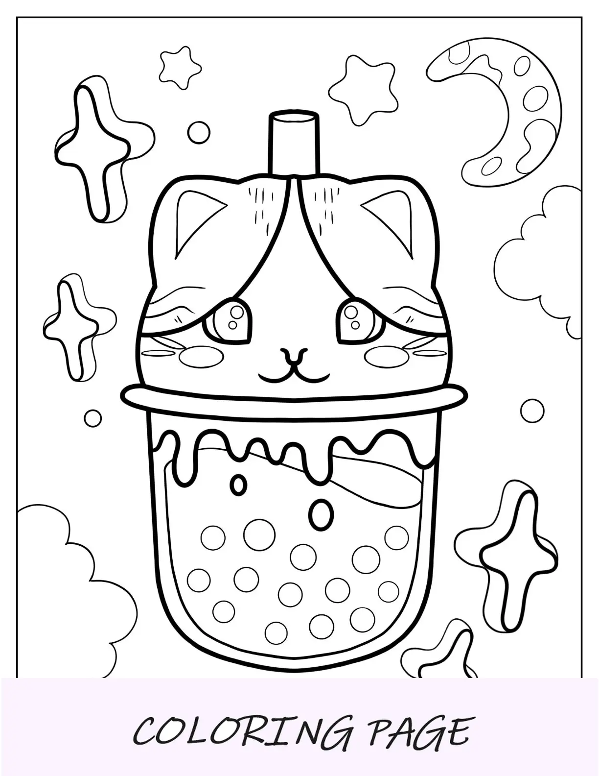 Página para colorir de chá Boba em xícara de gato com canudo