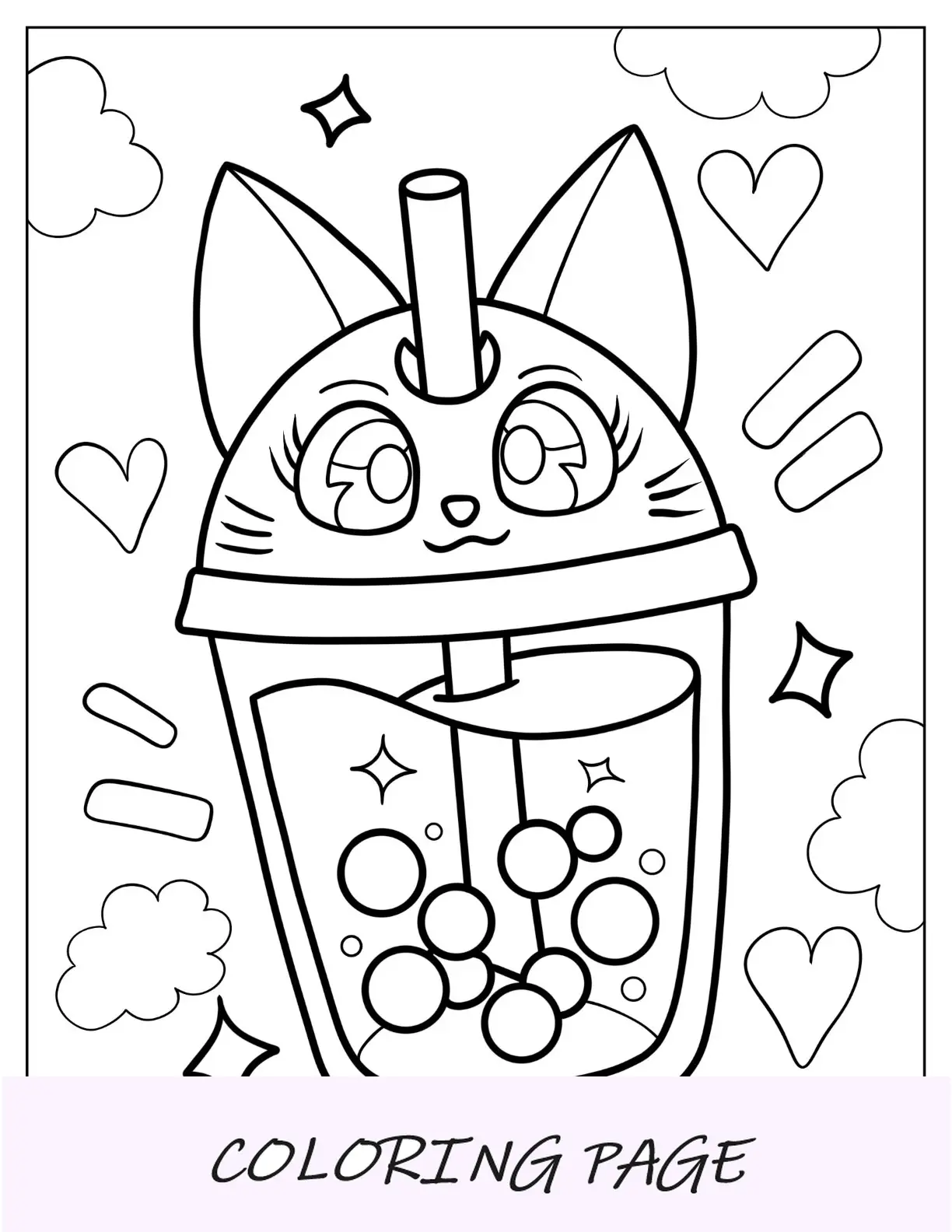 Página para colorir de chá Boba em copo Kawaii com canudo para crianças
