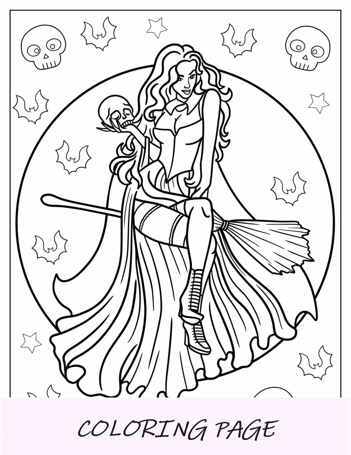 Página para colorir de Hocus Pocus de Sarah Sanderson na vassoura segurando uma caveira