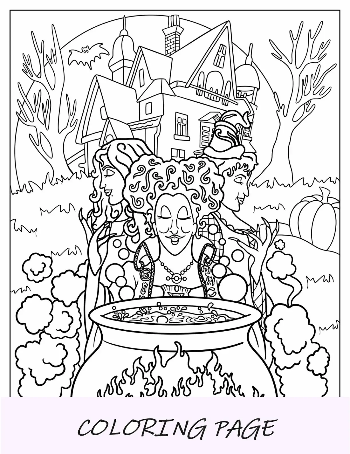 Página para colorir de Hocus Pocus das bruxas Sanderson na frente de uma casa mal-assombrada