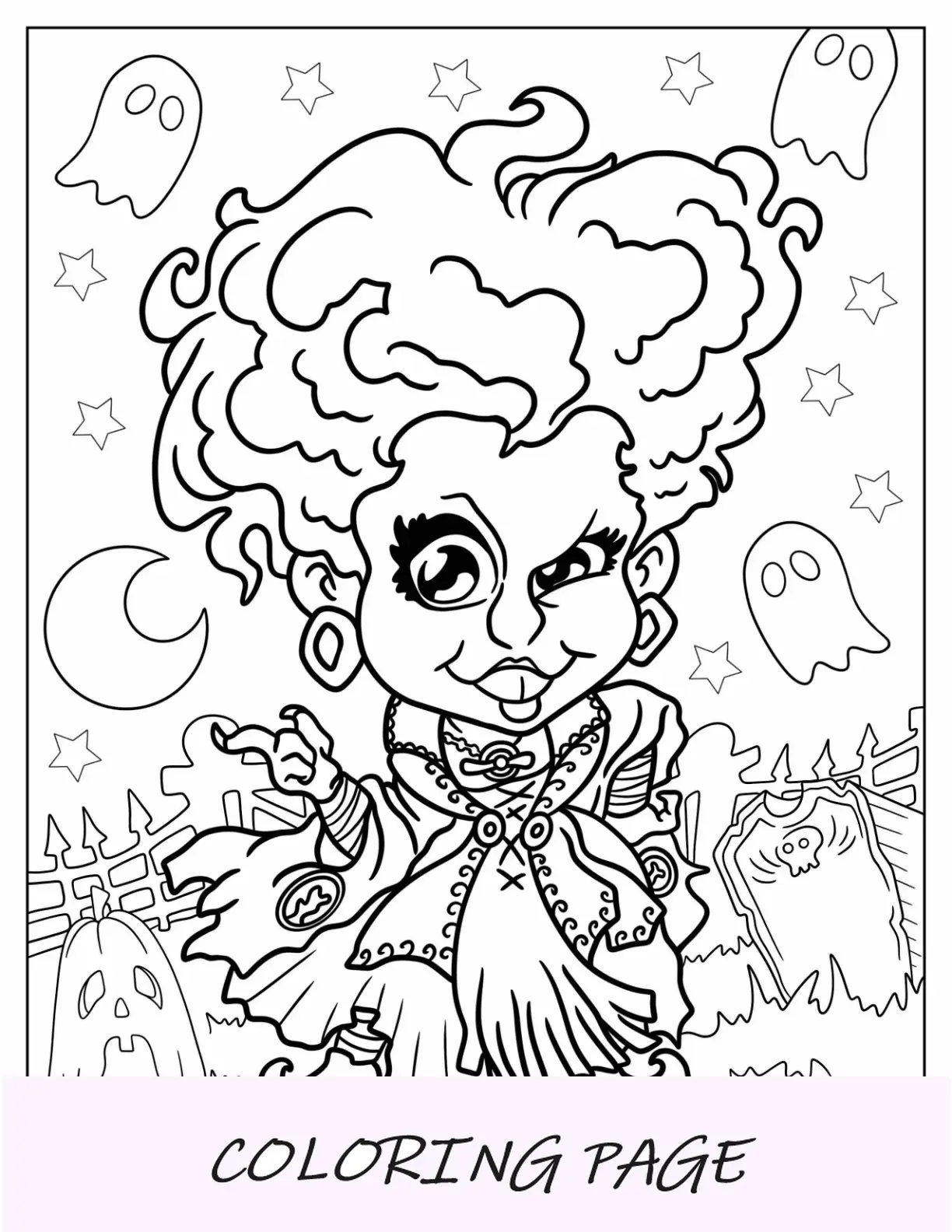 Folha para colorir de Hocus Pocus Chibi Winifred Sanderson no Halloween