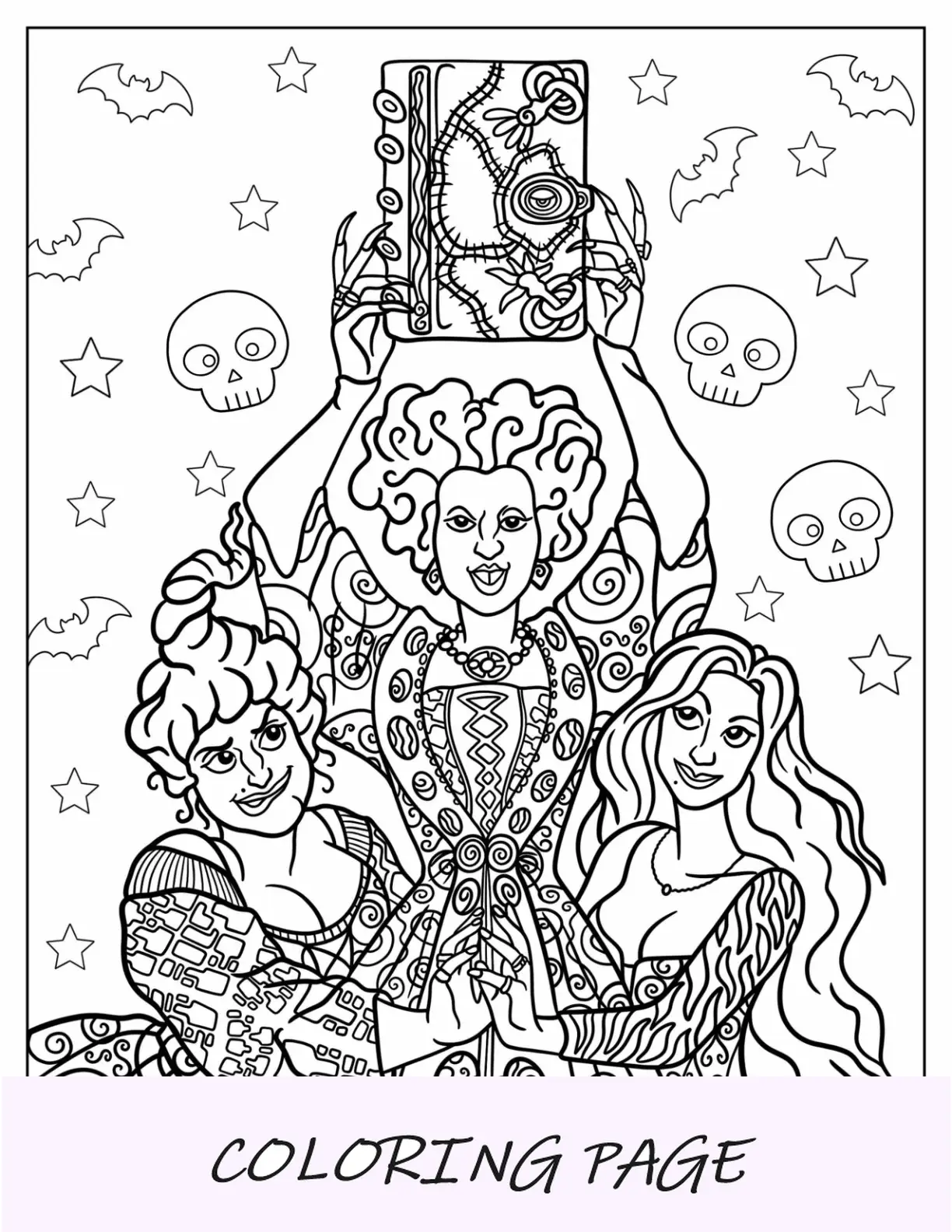 Página para colorir de Hocus Pocus com detalhes detalhados de Winifred, Sarah e Mary Sanderson segurando um livro de feitiços