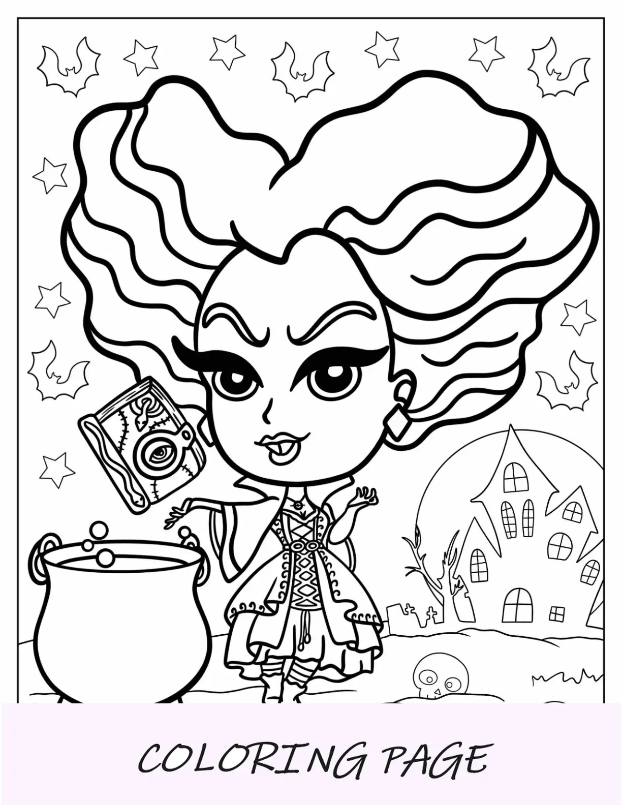 Página para colorir de Hocus Pocus de Chibi Winifred Sanderson com livro de feitiços