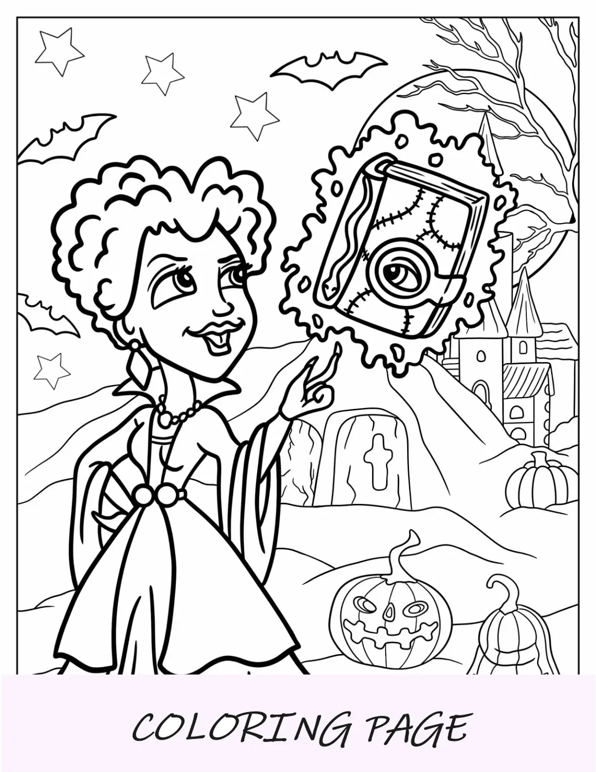 Página para colorir de Hocus Pocus do desenho animado Winifred Sanderson fazendo mágica para crianças