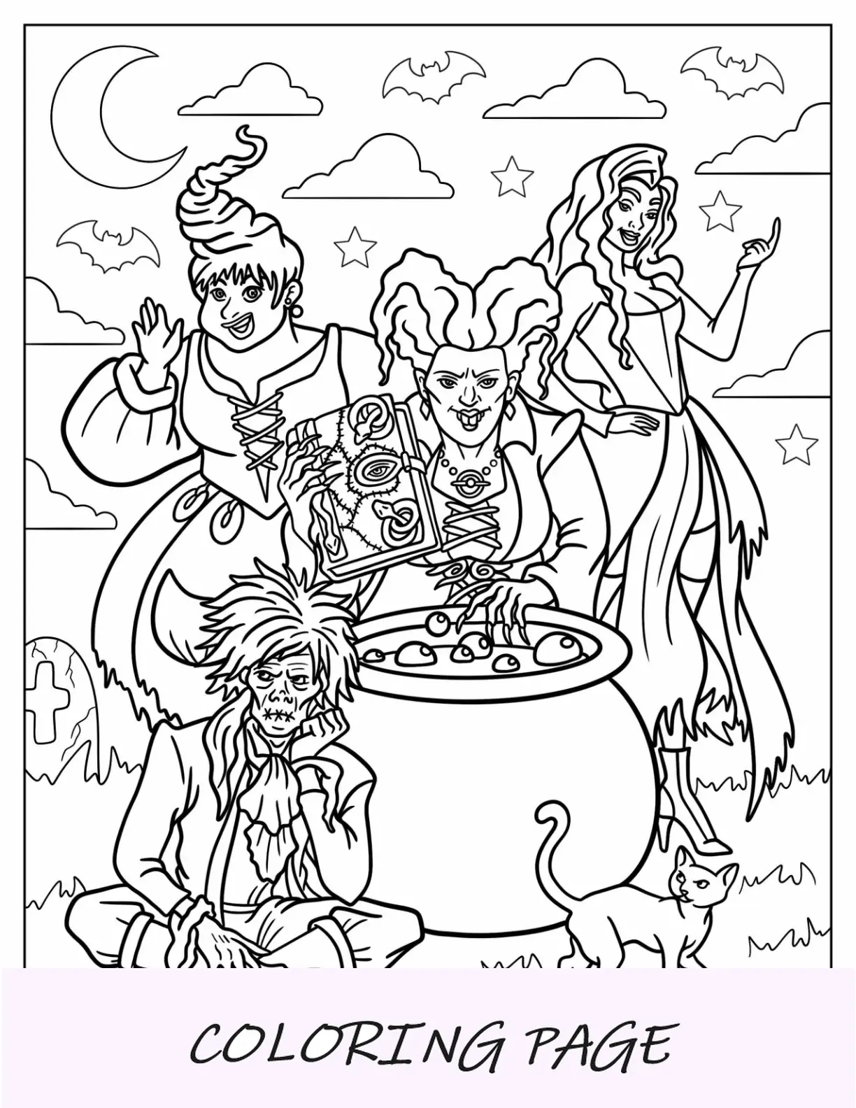 Página para colorir de desenho animado Hocus Pocus de bruxas com Billy Butcherson e Thackery Binx