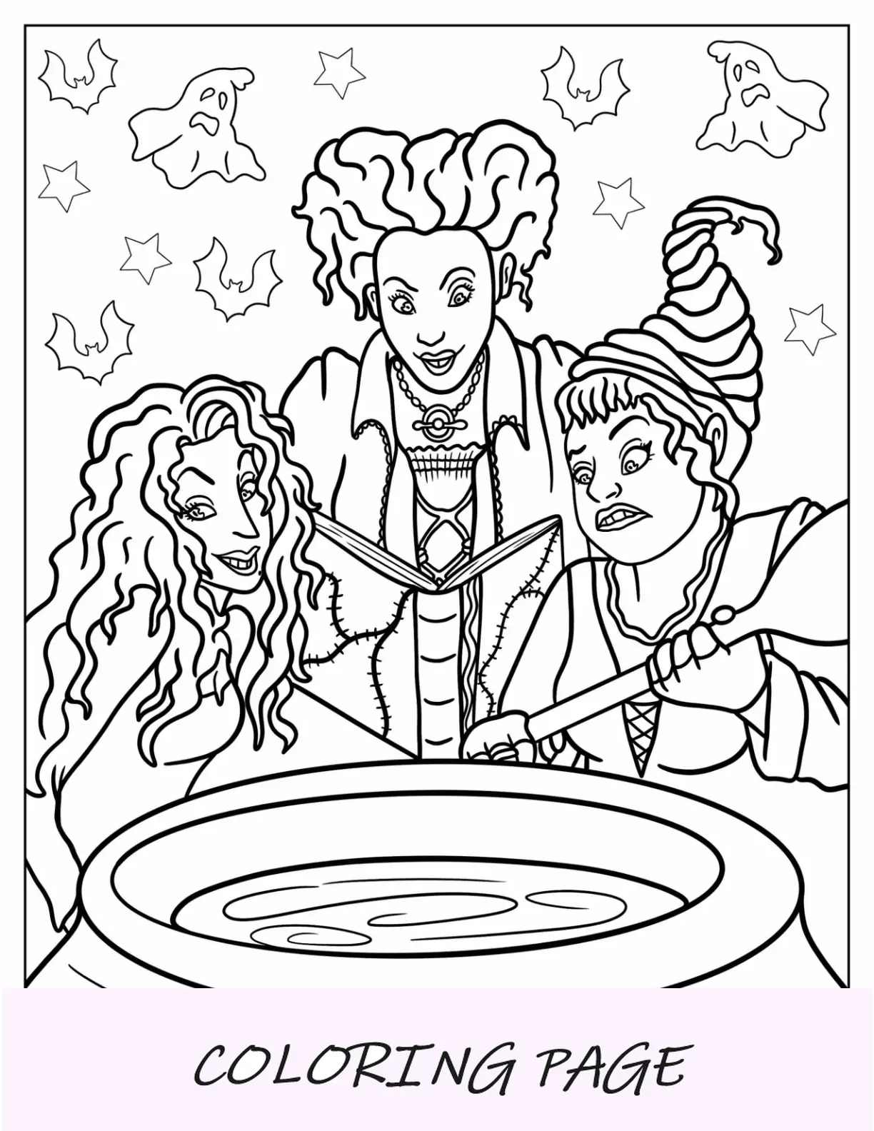 Página para colorir de Hocus Pocus de Winifred, Sarah e Mary Sanderson na frente da bruxa