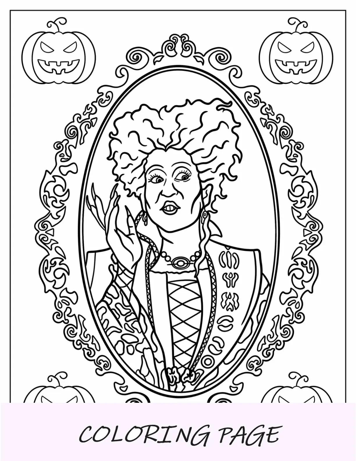 Página para colorir Hocus Pocus da realista Winifred Sanderson no espelho
