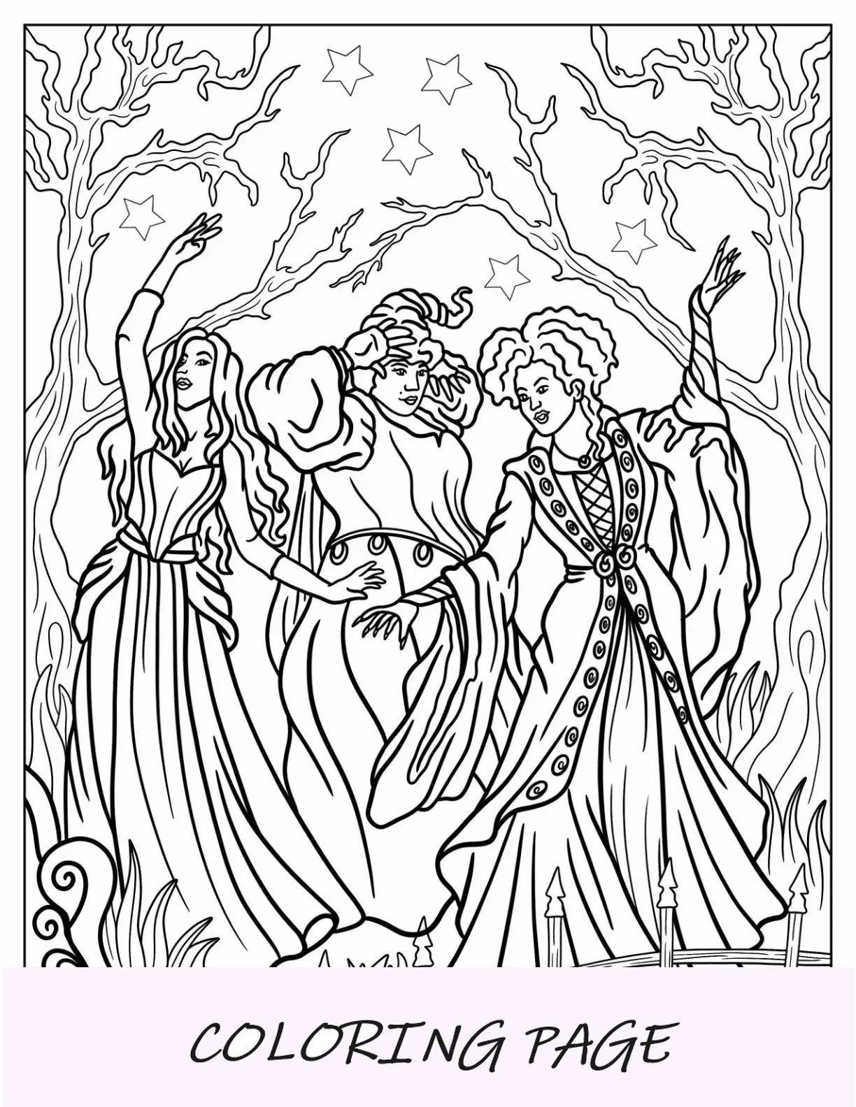 Página para colorir realista de Hocus Pocus de Winifred, Sarah e Mary Sanderson na floresta
