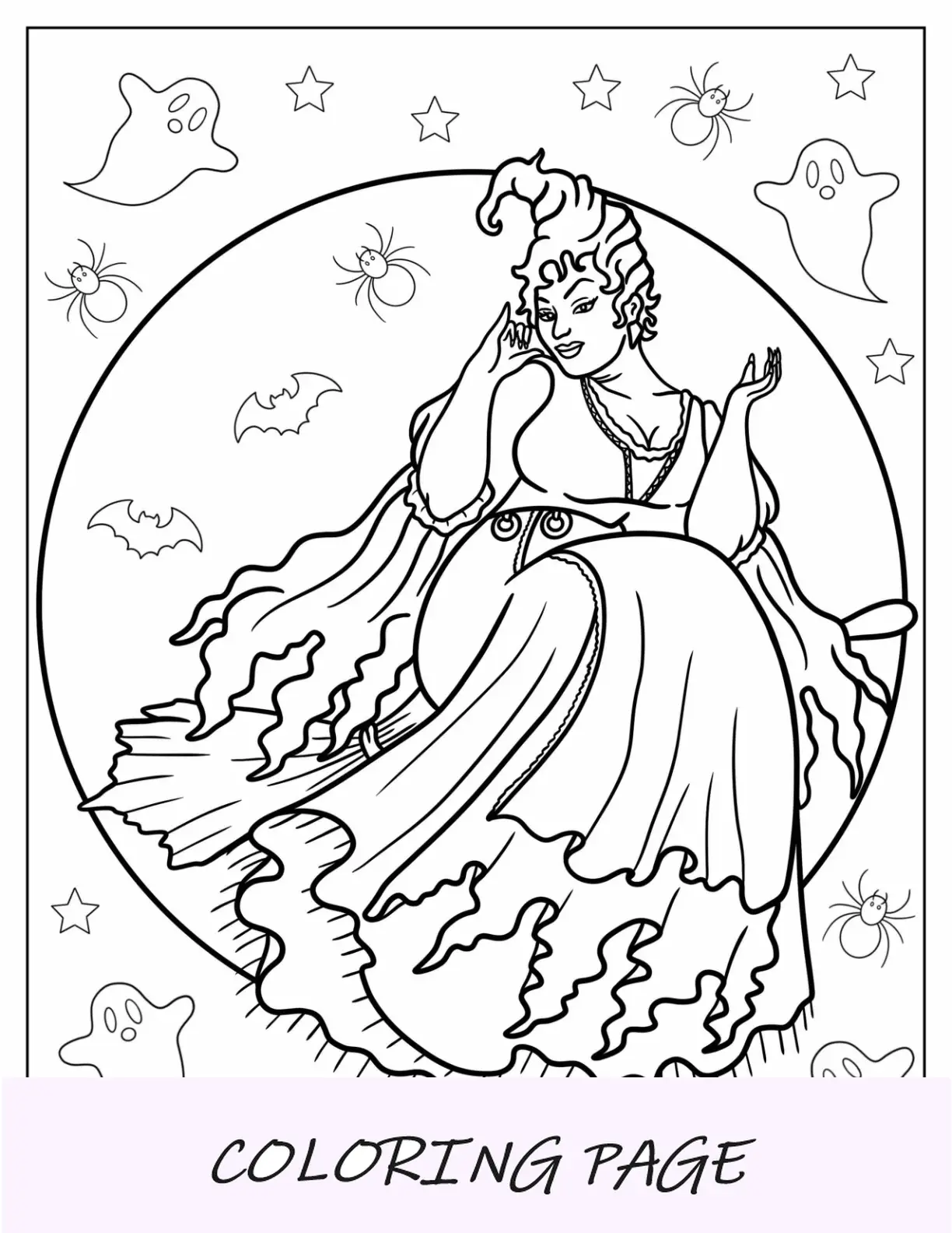 Página para colorir de Hocus Pocus de Mary Sanderson voando em sua vassoura na lua cheia