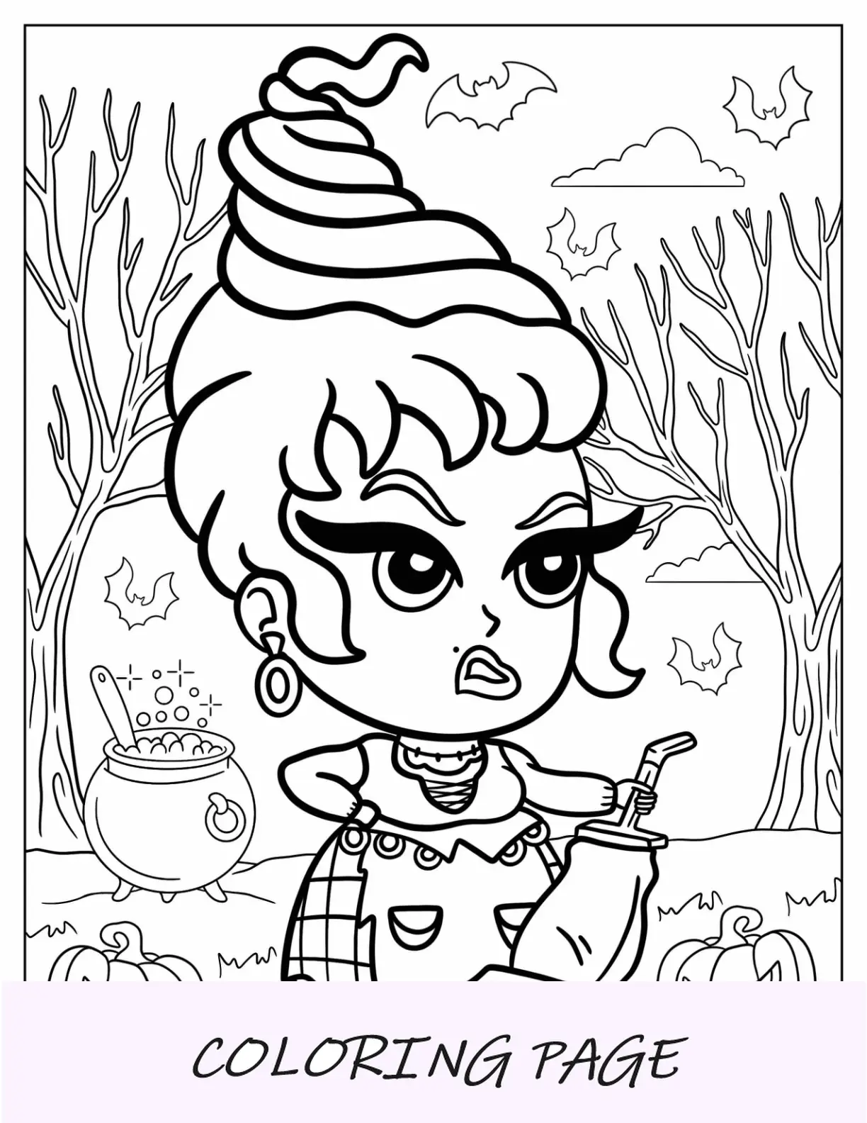 Página para colorir de Hocus Pocus de Kawaii Mary Sanderson com caldeirão no Halloween