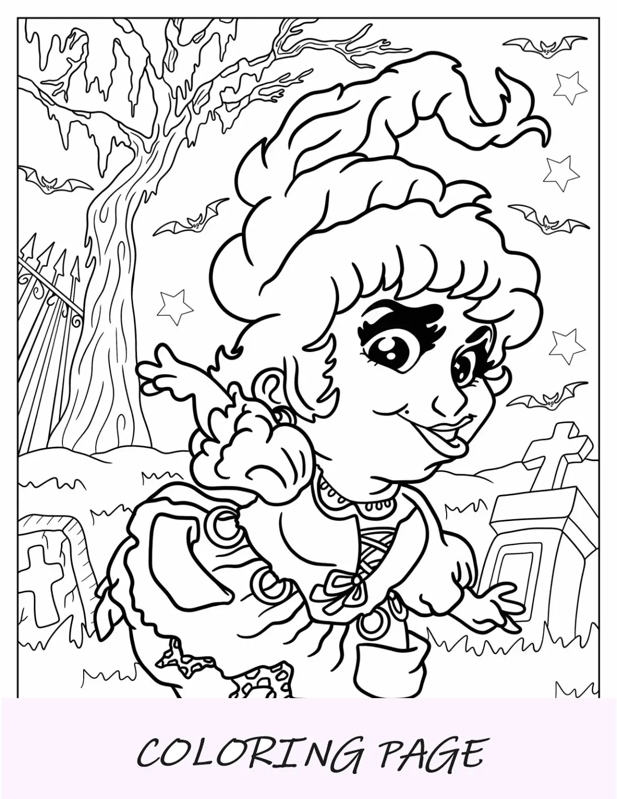 Página para colorir de Hocus Pocus de Kawaii Mary Sanderson no cemitério