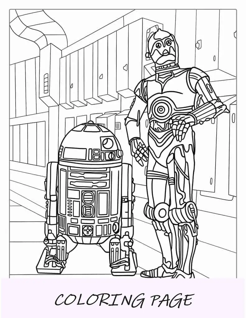 Folha para colorir do robô C-3PO e R2-D2