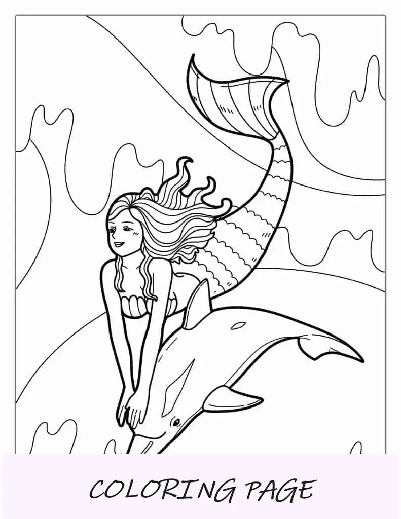 Página para colorear de sirena y delfín