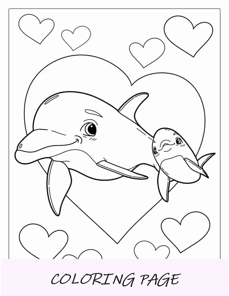 Madre y bebé delfín con corazones de amor