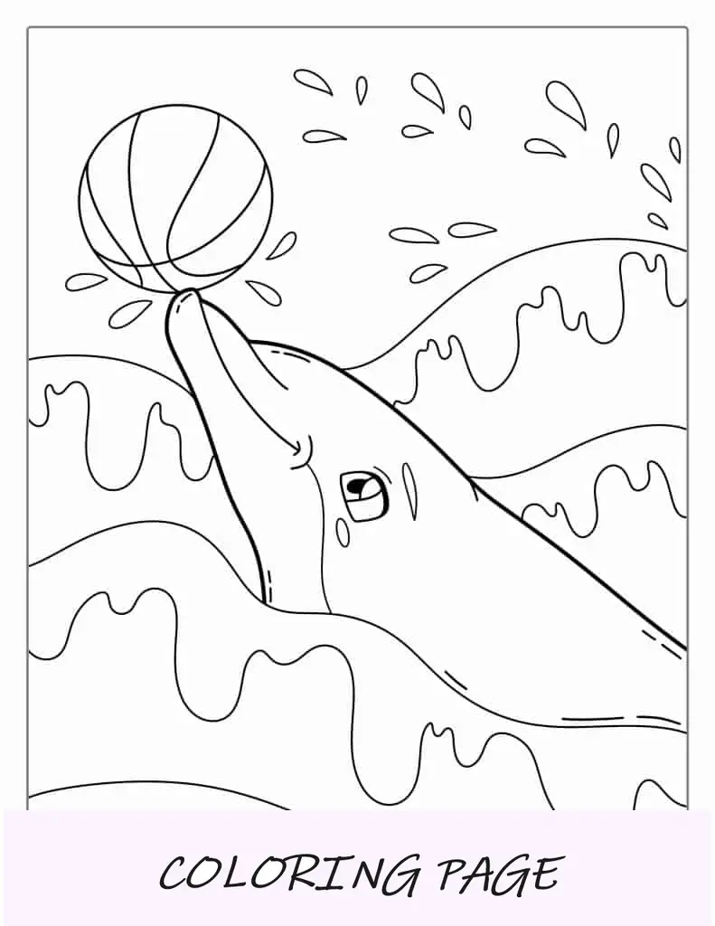 Hoja para colorear de delfines jugando con pelota